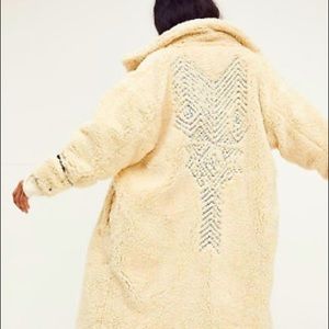 NWT Free People Avery Embroidered Long Line Faux Sherpa Teddy Coat
